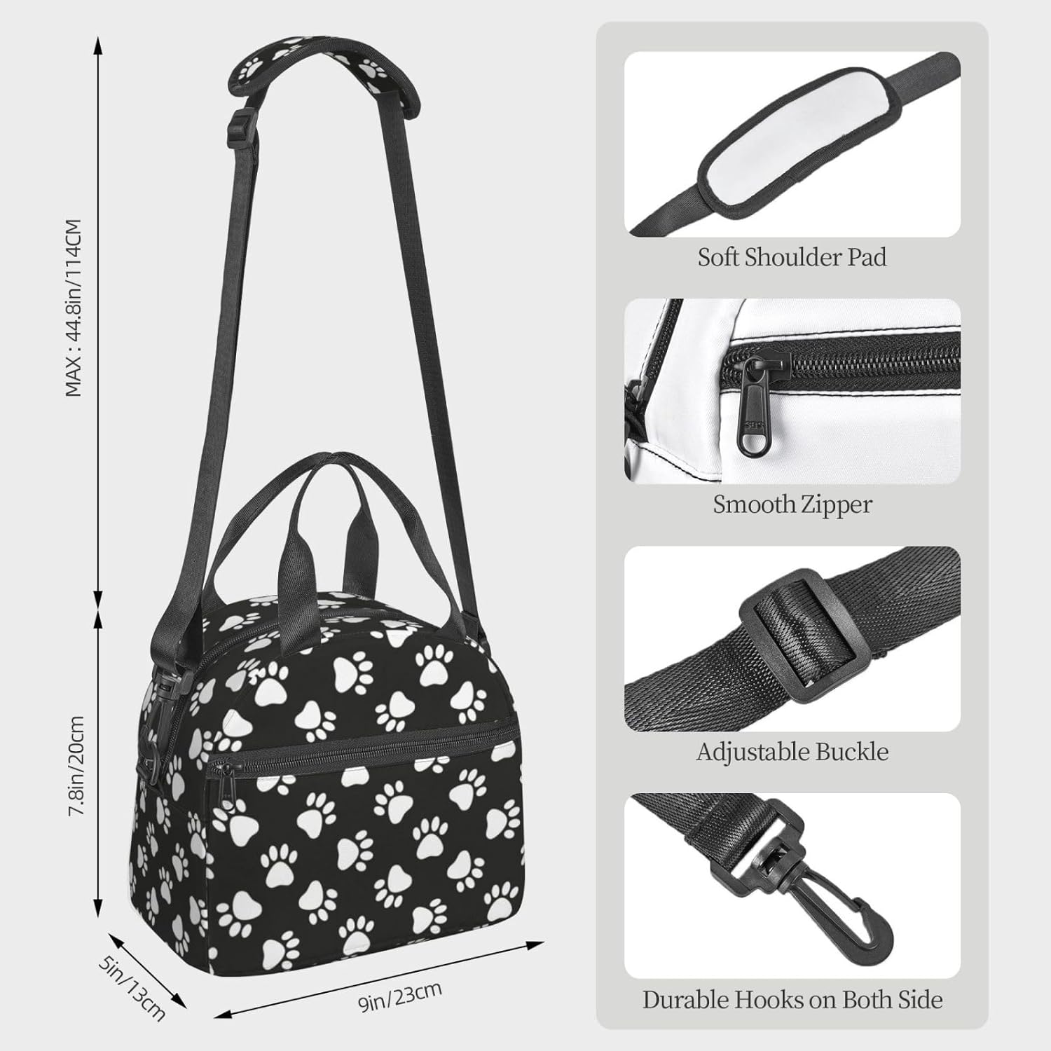 Black and White Dog Paws Print Lunch Bag with Adjustable Shoulder Strap for Women Men Reusable Lunch Box Leakproof Tote Bags Insulated Cooler for Work Travel Outdoor(9 x 5 x 7.8 Inches) - Image 3
