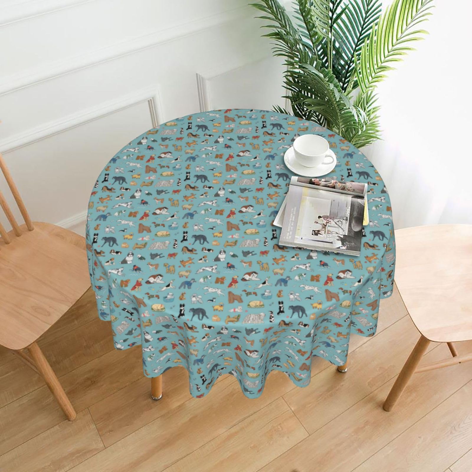 SDEGTHO dogs Print Modern Retro Round Tablecloth 60in Polyester Fabric Cover for Party Dining Table Washable