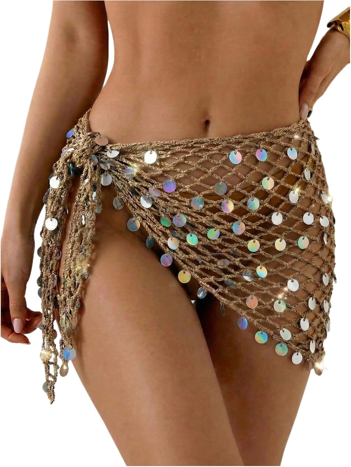 OYOANGLE Women's Glitter Sequin Wrap Knot Side Sarong Coverup Crochet Vacation Bikini Cover Up Skirts