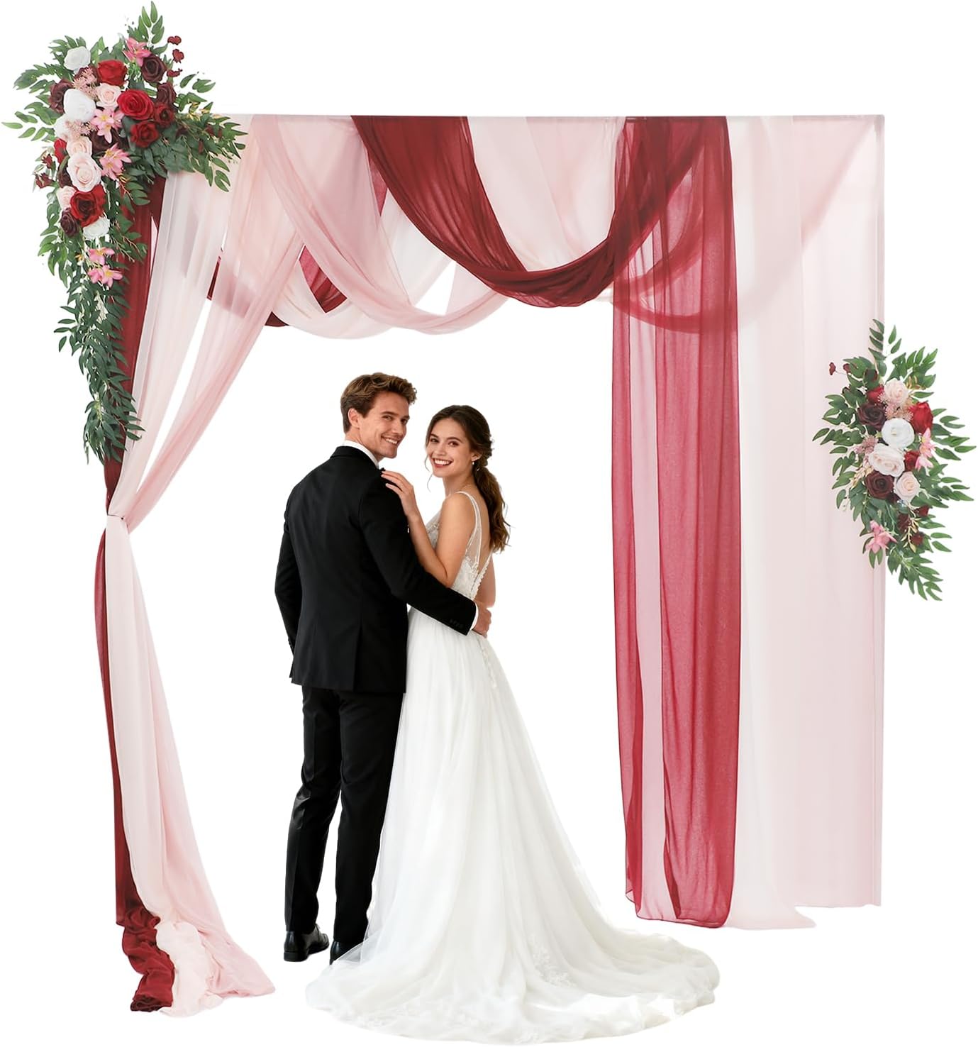 Wedding Arch Flowers, Artificial Flowers with Drape Kit (Pack of 5) -2pcs Artificial Swag & 3pcs Sheer Drapes, Backdrop Arch Lings Moments Flowers for Wedding Arch Decoration Party (Burgundy)