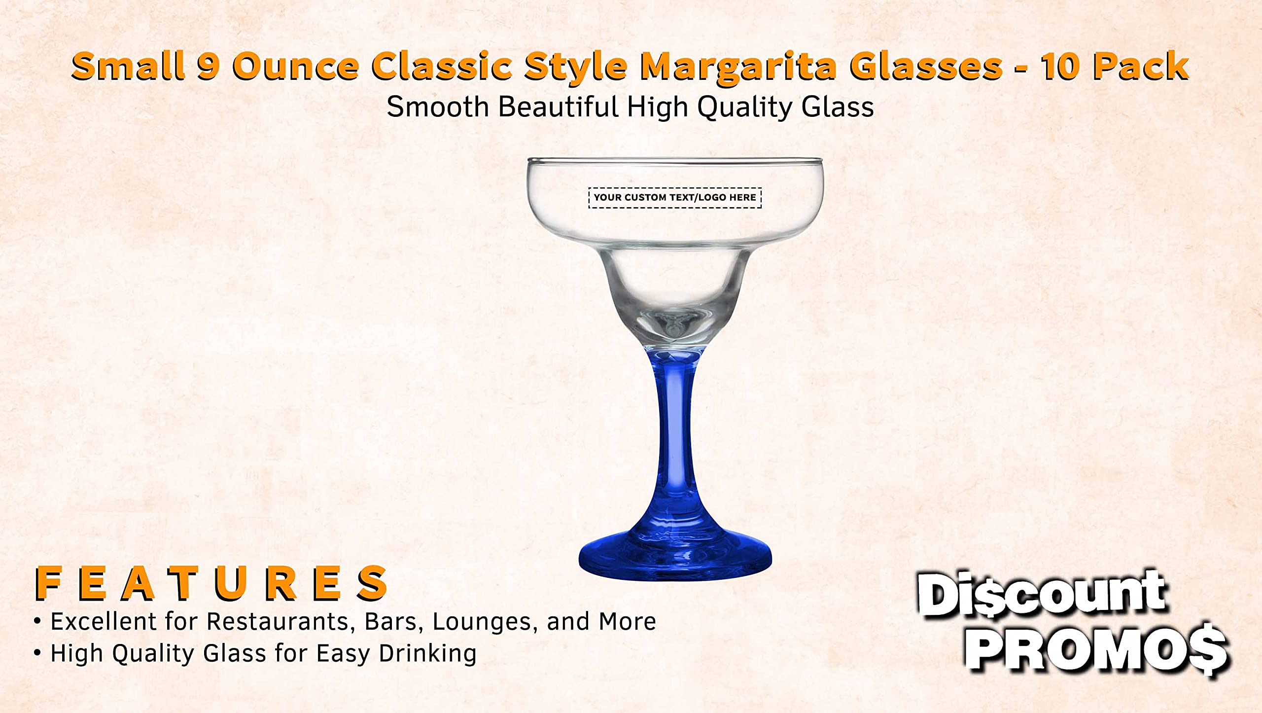 DISCOUNT PROMOS 10 Margarita Glasses Set, 9 oz. - Personalized Text, Logo - Classic, Smooth, Barware, Glassware - Blue
