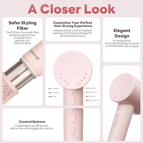 Miniatura 9 de Secador de pelo, secador de pelo iónico de alta velocidad de bajo ruido con motor sin escobillas para secado rápido, secador de pelo rosa compacto