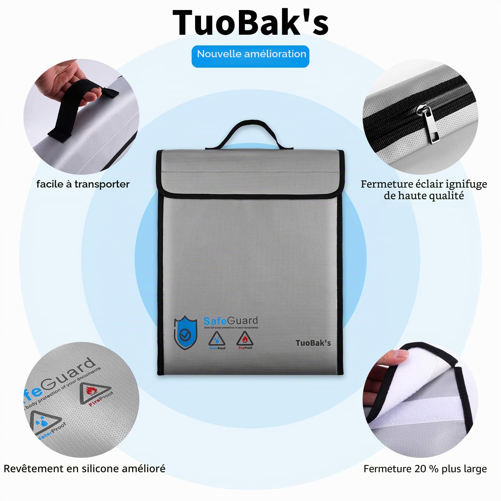 TuoBak's Sac Ignifuge pour Documents, Porte-Documents étanche et Ignifuge | Sac étanche à feu pour Documents de Poches intégrées pour Cartes de crédit en Fibre de Verre de qualité supérieure