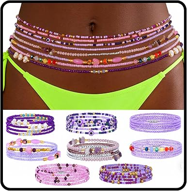 ELABEST Adjustable Handmade Waist Beads Stretchy 23-52 inch 8Pcs Chakra Yoga Body Belly Beaded Women Waist, Anklet, Bracelet, Necklace Jewelry with Screw clasp
