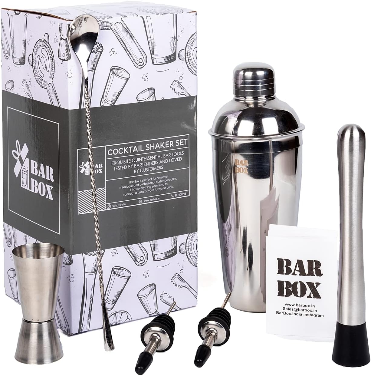 Bar Box 6 Pcs Cocktail Shaker Set Bartending Kit, Cocktail Shaker Mixer Tools, Accessories for Drinks, Gift for Men, Whiskey Lovers, Dad, Wedding Couples, Birthday, Anniversary, Portable Drink Setup