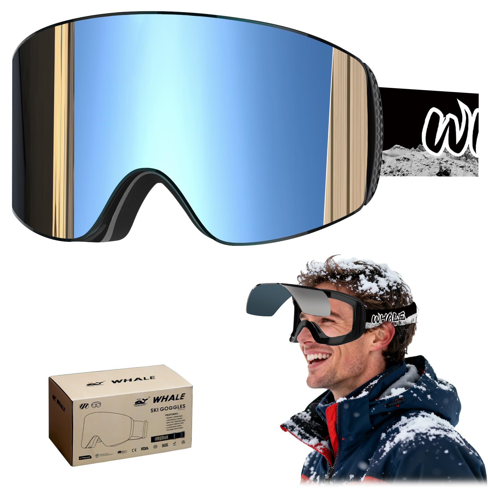 Whale Gafas de esquí magnéticas antivaho, gafas de snowboard para hombres, mujeres y jóvenes, gafas de nieve OTG polarizadas