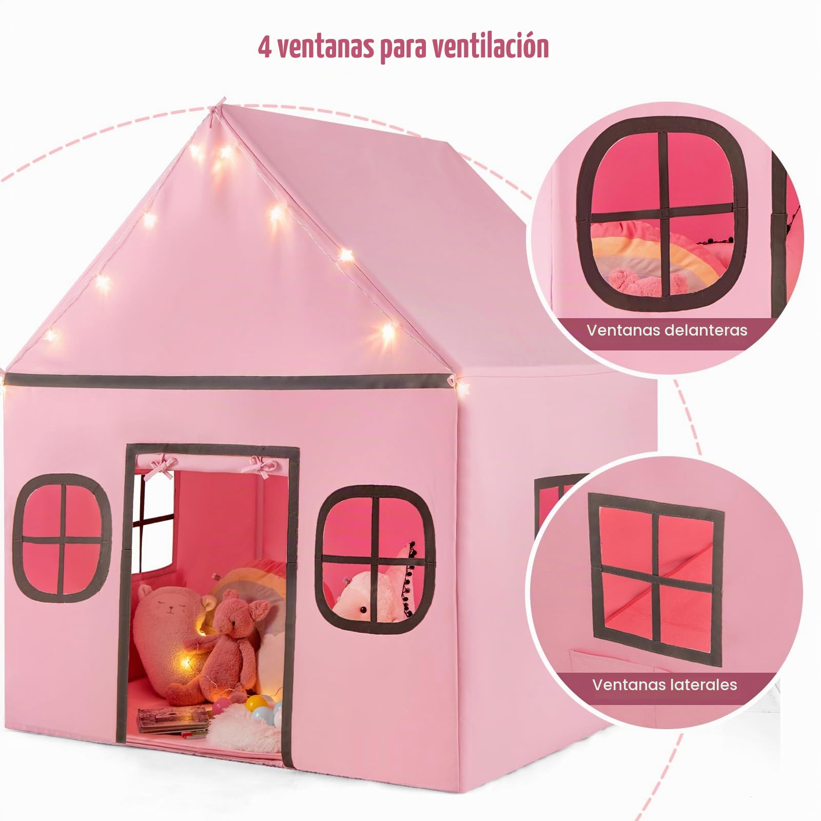 HOMASIS Tienda de Campaña Infantil con Luces de Estrellas y Alfombra Acolchada, Tipi para Niños con 4 Ventanas y Cortina 3+ Años (Rosa + Gris)