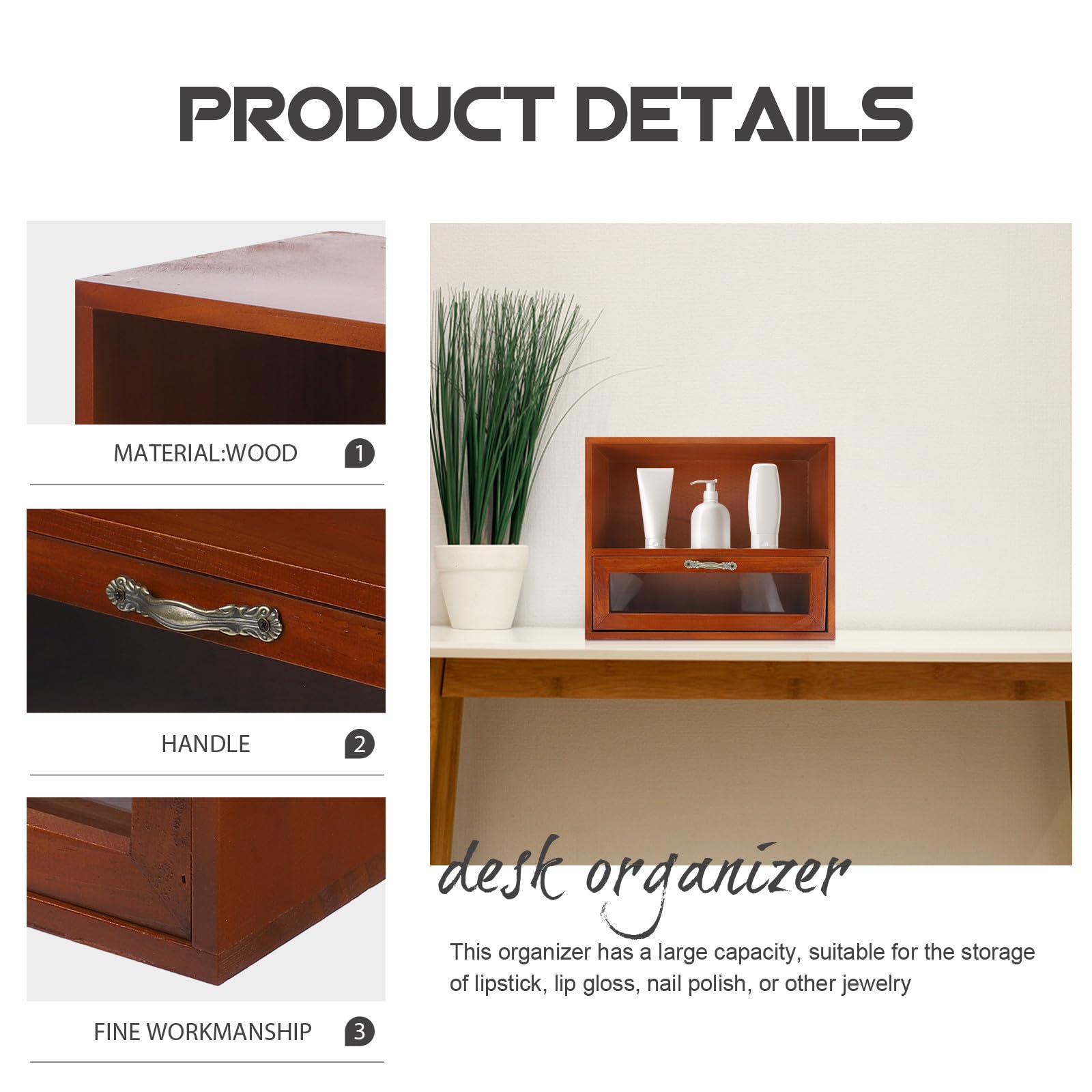 Scatola di Stoccaggio in Legno Vintage Cassetti per Desktop, Organizer da Scrivania Marrone, Ampia Capacità e Fondo Stabile, per Casa e Ufficio