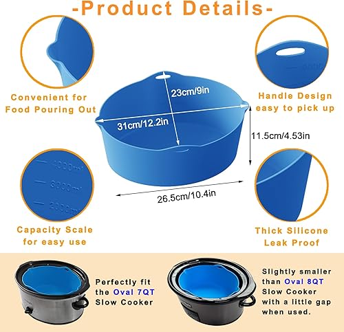 Miniatura 4 de LAECHATAR 2 piezas de revestimiento de silicona para crockpot, ajuste reutilizable, 7-8 cuartos de galón ovalados para ollas de cocción lenta, azul
