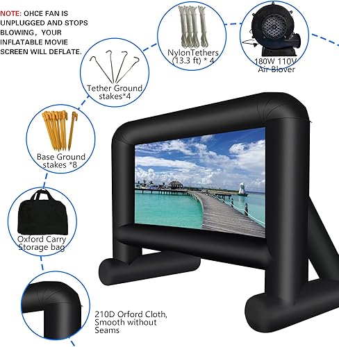 Miniatura 7 de Pantalla de cine inflable de 16 pies para exteriores con bolsa de almacenamiento de soplador de aire, proyección delanteratrasera, pantalla inflable