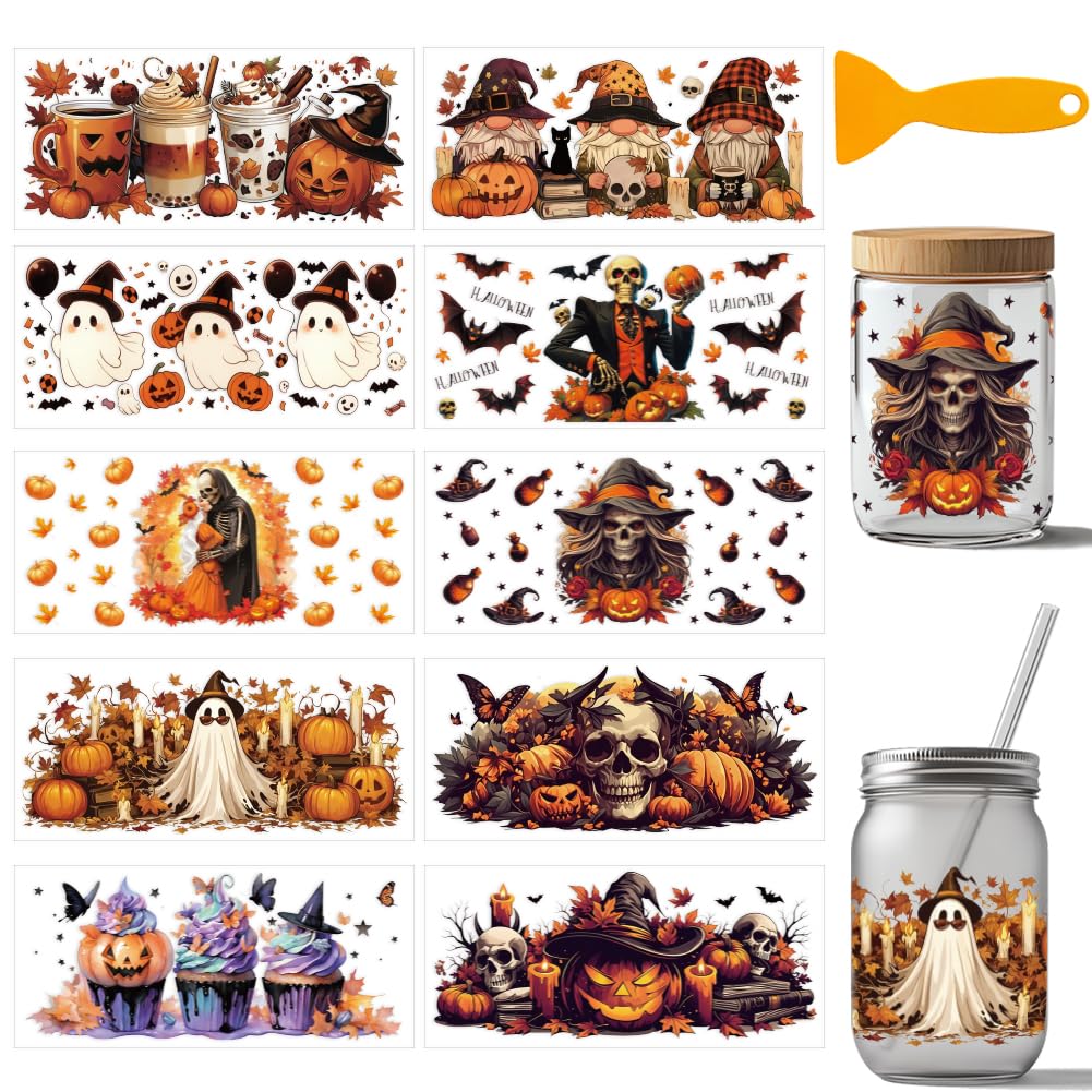 arricraft 10 Sheets Halloween UV DTF Cup Wrap for 16OZ Glass, Pumpkin Bats Skull Head Butterfly Rub on Decals PVC Transfer Stickers for DIY Cups Wood Funiture Halloween Supplies