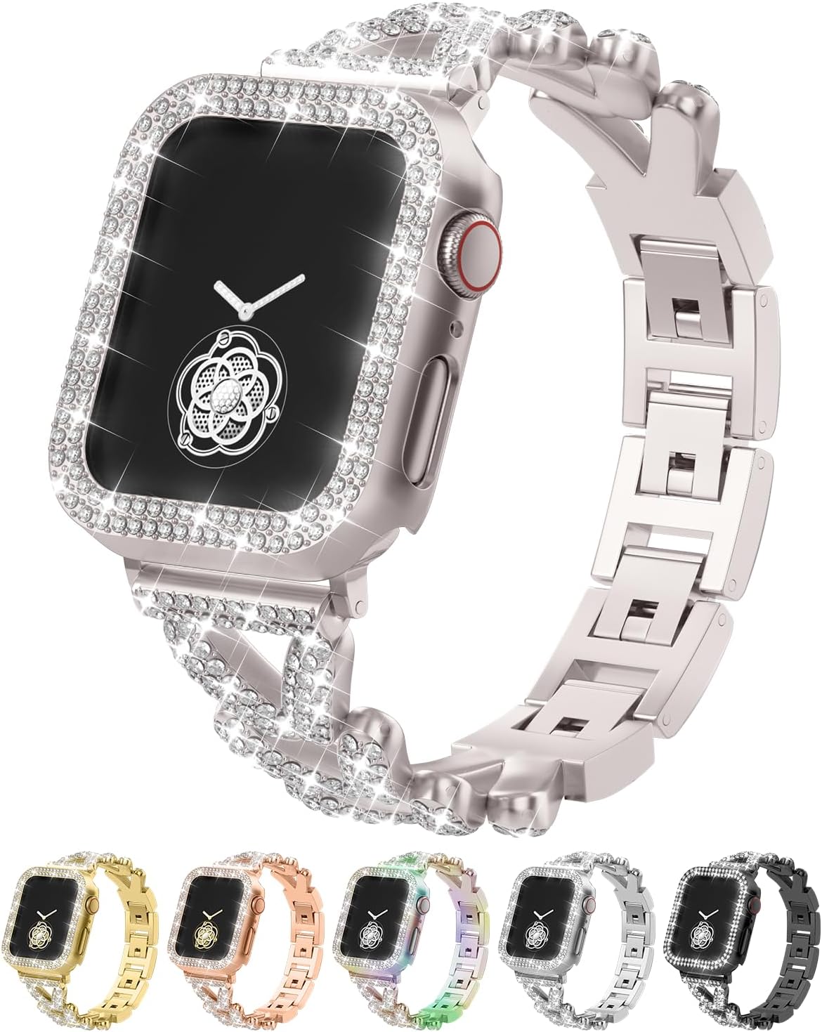 Rhinestones Encrusted Metal Bracelet and Case, Compatible with Apple Watch Bands 38mm-49mm (Series 11/10/1/SE/Ultra 2)- Bling Gold Women's Jewelry Strap, Luxury iWatch Bracelet with Screen Protector