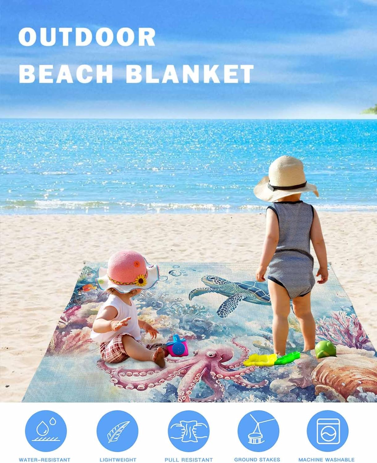 Linen Underwater World Turtle Octopus Coral Beach Blanket Extra Large 83x79in Outdoor Waterproof Sandproof Picnic Blankets with Stakes Lightweight Beach Mat for Camping Travel Hiking,Marine Creature