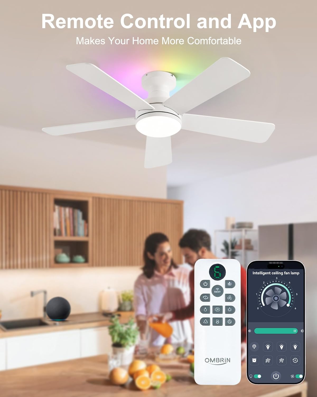 42 Inch Ceiling Fan with Lights, RGB Ceiling Fan with Light, App & Remote Control, Flush Mount Low Profile, Reversible, 3CCT, Dimmable LED, Noiseless, White Ceiling Fan for Bedroom