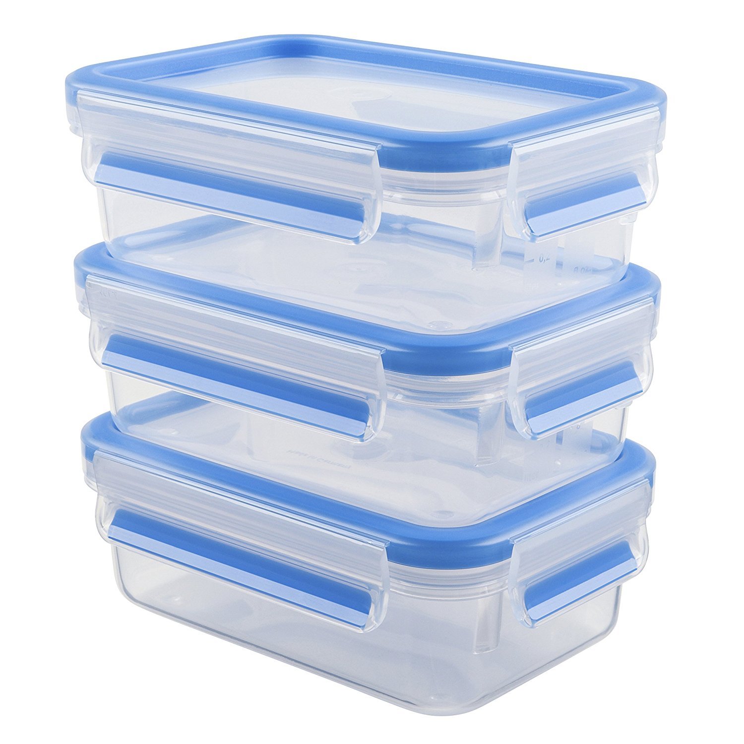 EMSA508570 Clip & Close Colour 3-Piece Set Of Food Storage Containers 0.55 Litres, Transparent/Blue