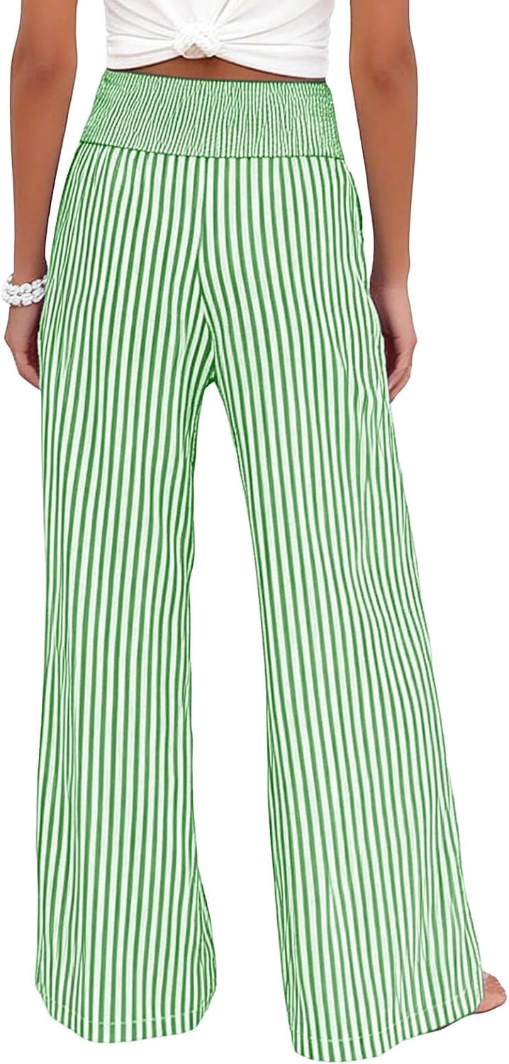 Womens Striped Pants High Waisted Wide Leg Palazzo Pant Casual Loose Straight Leg Lounge Trousers with Pockets