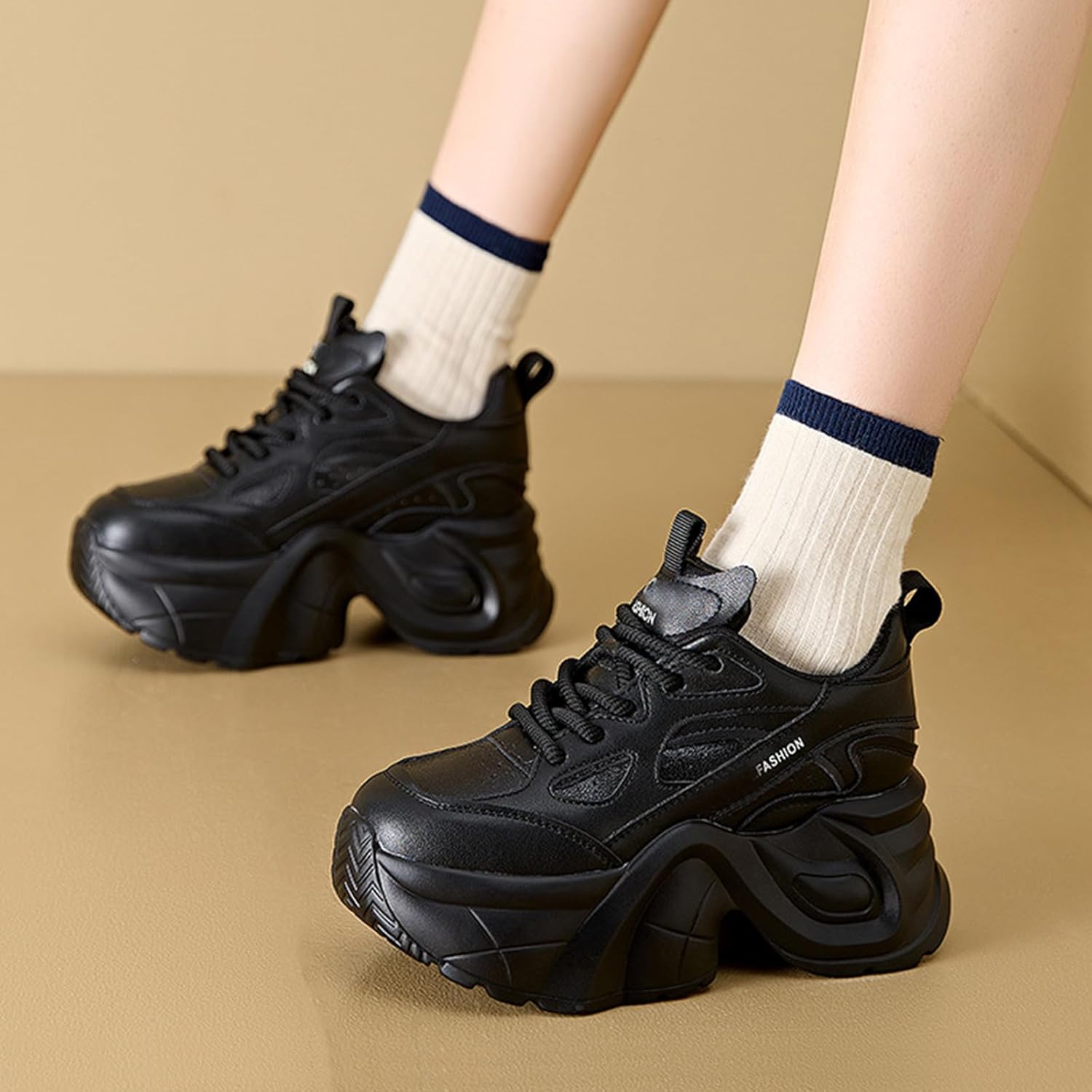 Women's Chunky Platform Walking Dad Shoes Lace Up Wedge Low Top Height Increasing Shoes Fashion Comfortable Casual Sneakers - Image 3