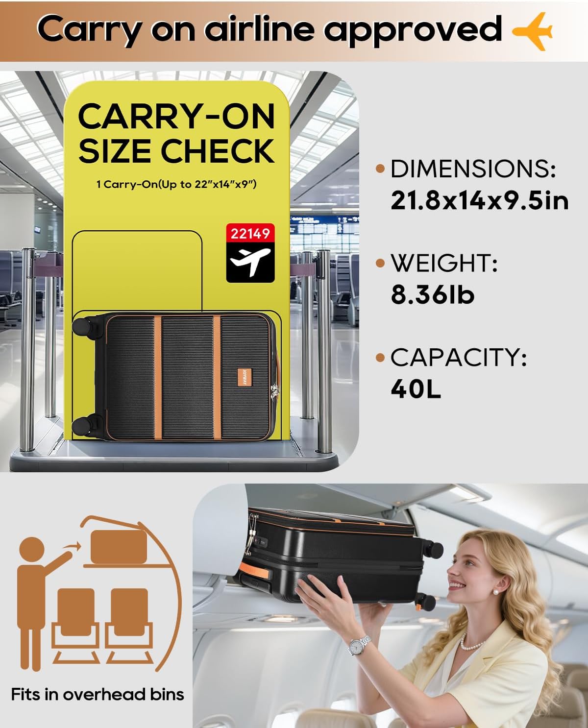 Joyway Carry on Luggage Airline Approved with Front Pocket, Hardside 20 Inch Travel Luggages with Cup Holder, Carry-on Suitcase with Spinner Wheels for Men and Women (Black, 20 Inch) - Image 2