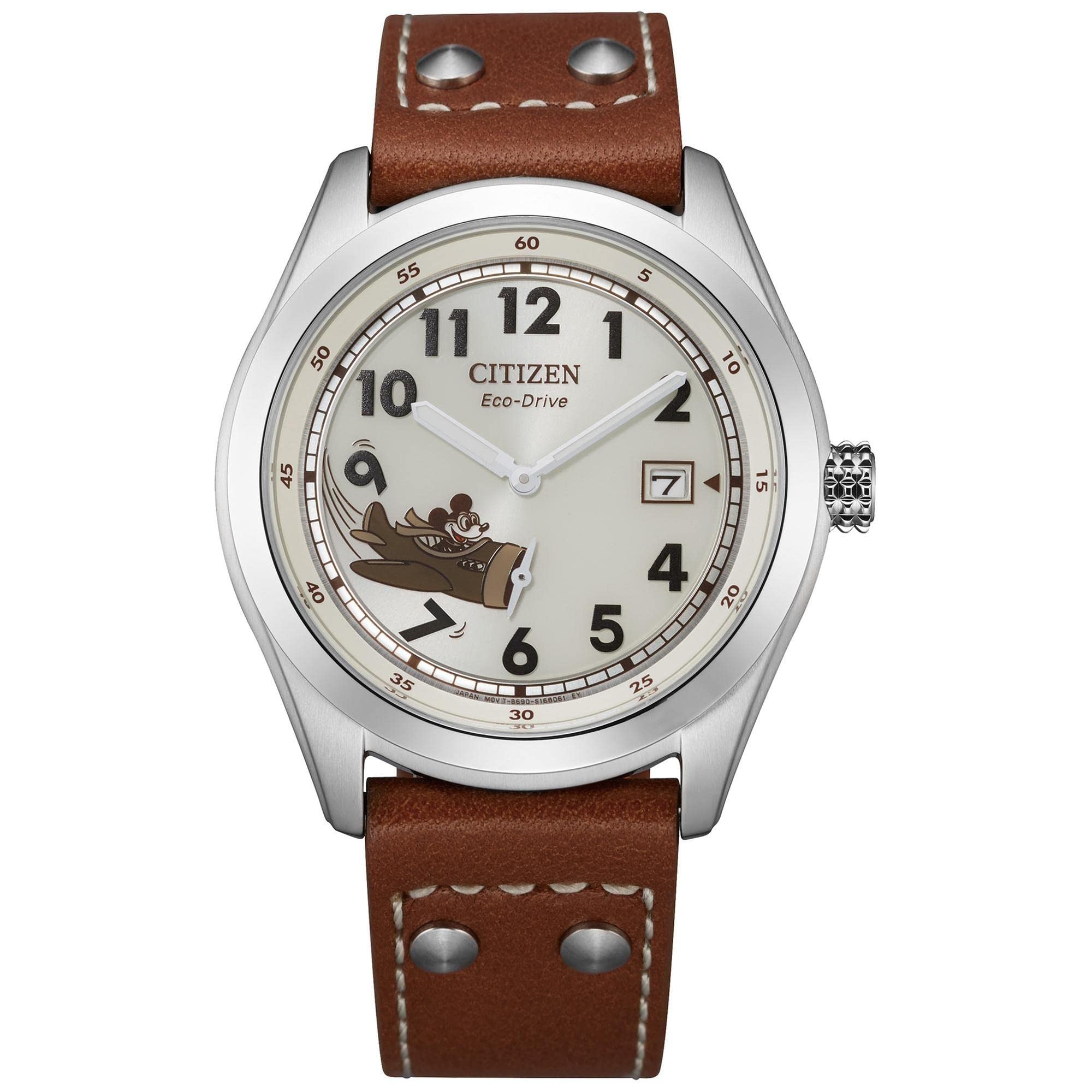 Citizen Eco-Drive - Reloj de Aviador de Mickey Mouse de Disney para Hombre, Acero Inoxidable con Correa de Cuero marrón, Fecha de 3 manecillas, 40 mm (Modelo: BV1088-08W)