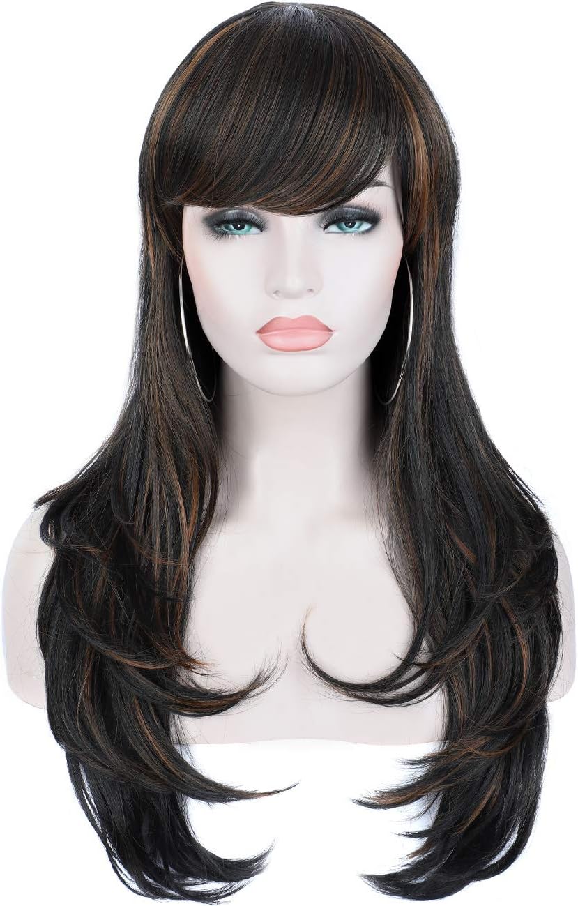 Kalyss 24" Curly Wavy Synthetic Hair Wigs with Hair Bangs for Women Layered Black Brown Highlights Natural Luster Soft Cosplay Wigs As Real Hair Wigs