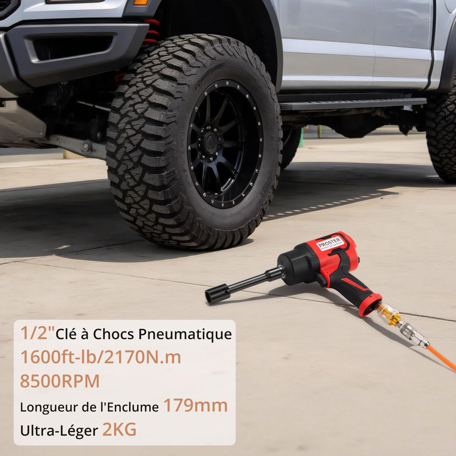 Proster Clé à Chocs Pneumatique 1/2 Pouce, 2170 Nm Couple Élevé, Double Marteau 8500 tr/min, Outil à Air Comprimé pour Réparation Automobile Garage Mécanicien avec 8 Douilles CR-V, Rallonge et Coffret
