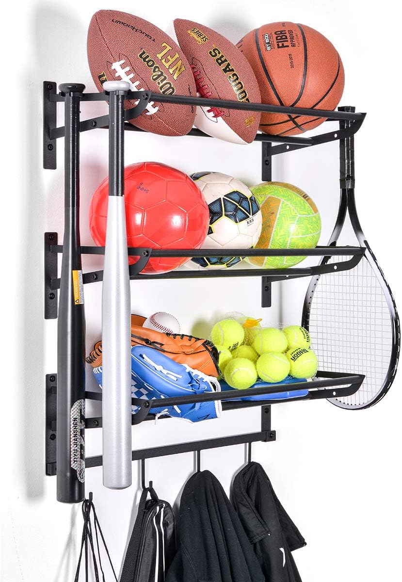 XCSOURCE Sports Equipment Storage Rack for Basketball/Football/Baseball with 3 Separate Storage Racks, Sport Equipment Organizer & 4 Hooks for Badminton Racket : Sports & Outdoors