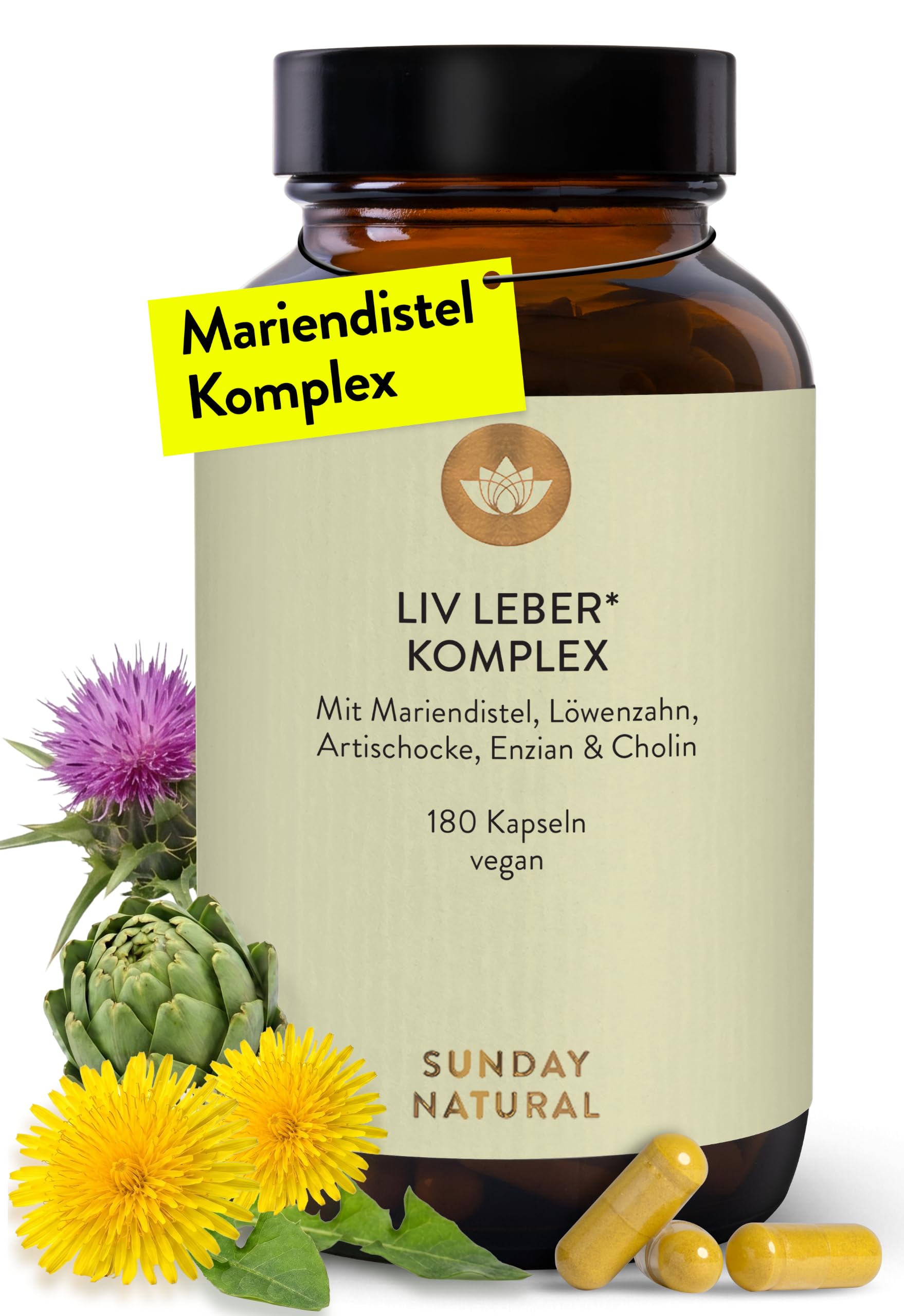 SUNDAY NATURAL® Mariendistel Artischocke Löwenzahn - 180 Cholin Kapseln - Leber Komplex mit 80% Silymarin & 100mg Cholin - Hochdosiert, vegan, laborgeprüft in Deutschland