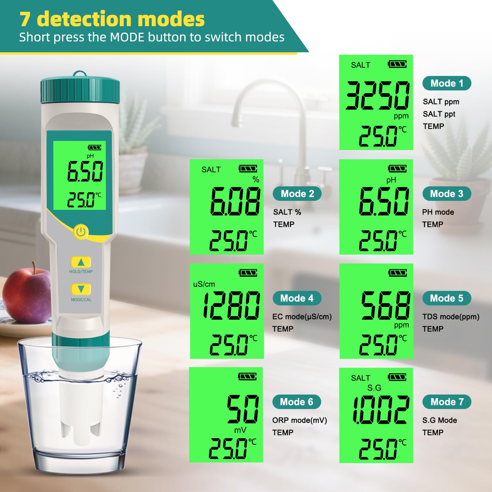 Salzgehalt pH Pool Messgerät, 7 in 1 Salzgehalt Pool Messen für Salzwass Pool, pH Chlor Messgerät pool Wassertester TDS ORP Messgerät für Salzwasser Chlor Pool, Aquarium, Whirlpool
