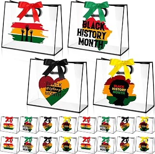 Gersoniel 20 Pcs Black History Month Gift Bags with Die Cut Handles 12 x 10 x 5'' Reusable Clear Plastic Bags Bulk African American Party Gift Bag with Ribbon for Black History Month BHM MLK Day