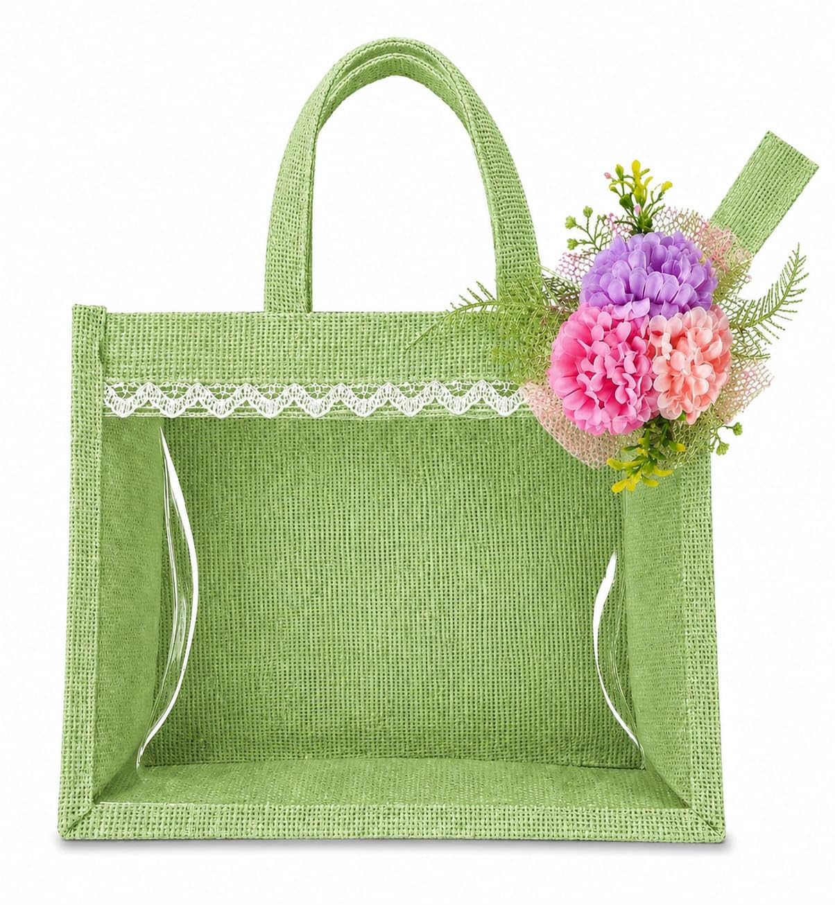 Jute Gift Hamper Bag with Transparent Window, Lace Border & Rope Handles for Wedding Return Gifts, Festive Gifting, Dry Fruits, Chocolates & Corporate Gifts, Natural Beige (L)-image-18