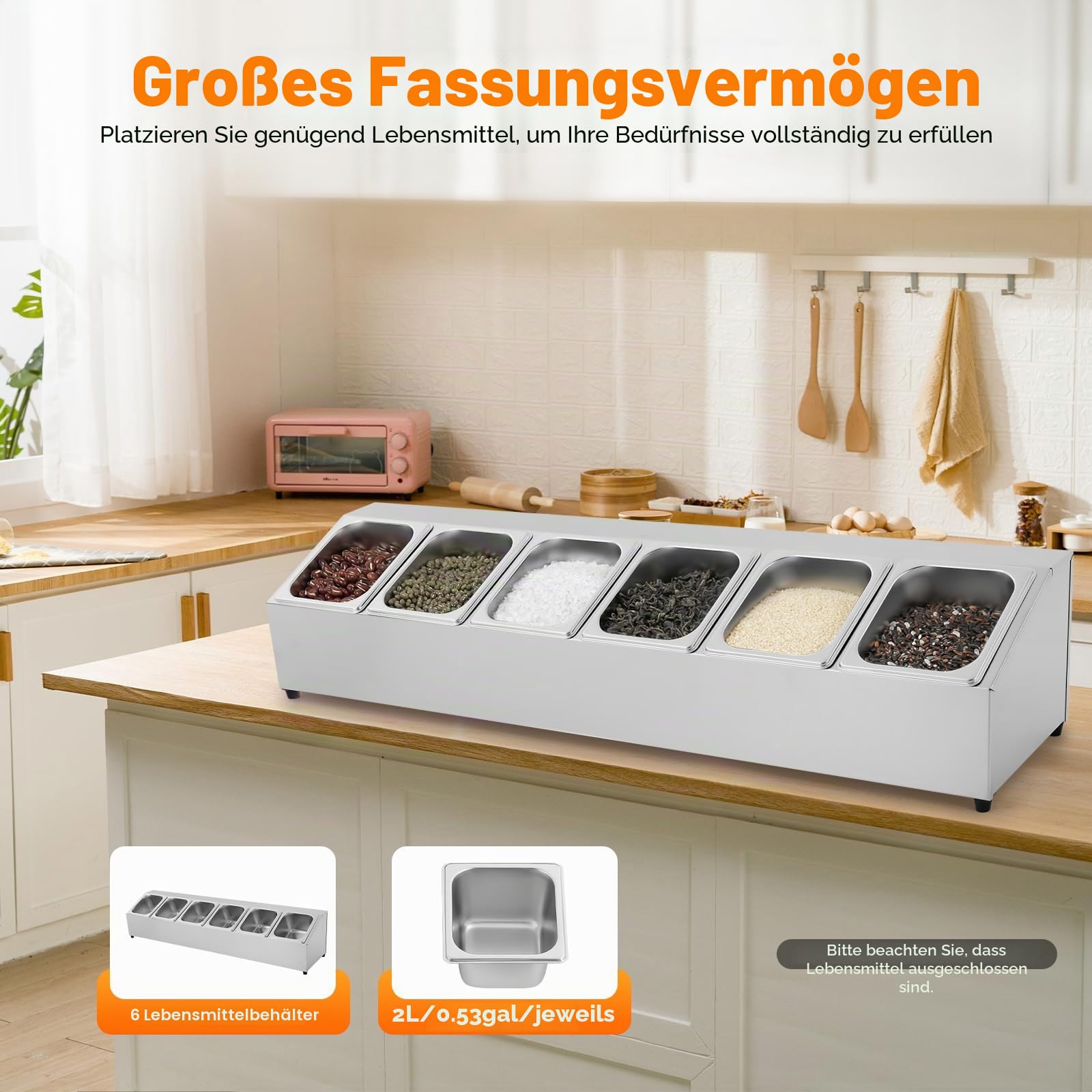 Aufstellbehälter für Vorratsdosen, Zutatenbehälter, 5 Stück Edelstahl Spülmaschinenfest, mit 5 x 1/6 Behälter, mit 5 passenden Deckeln, Aufstellbehälter,