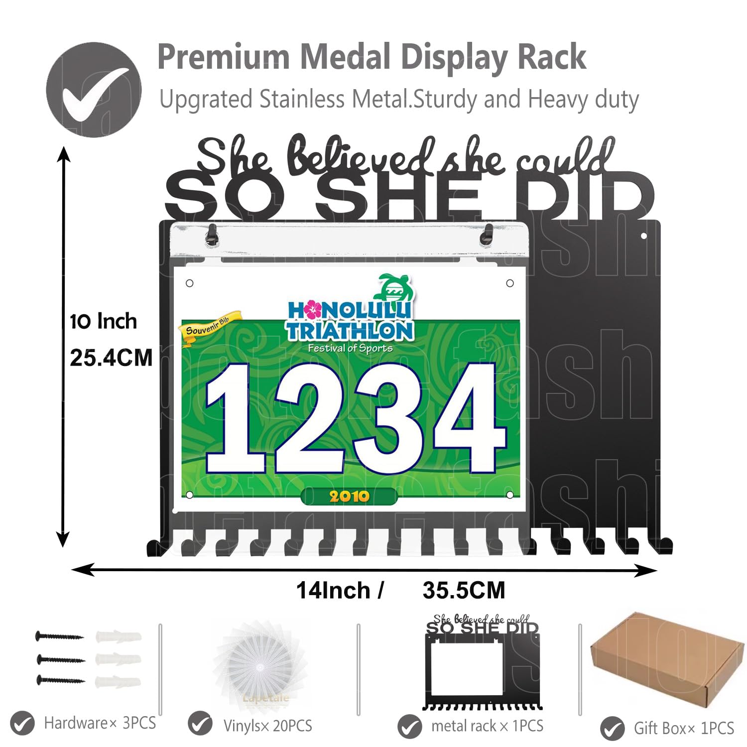 BIB - Soporte para medallas de pared, diseño con texto en inglés "She Believed She Could So SHE DID-Medallas, premios, cinta, animación, gimnasia, fútbol, softball, medallas