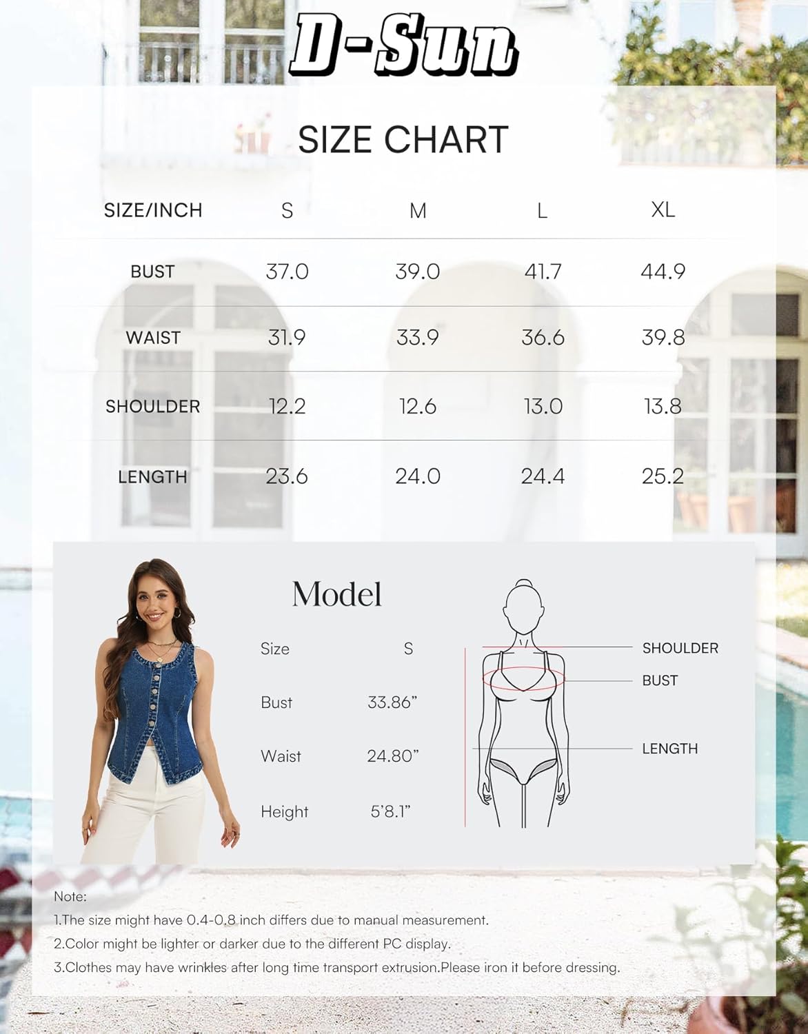 D-Sun Women Sleeveless Denim Vest Crewneck Button Down Jean Waistcoat Casual Front Slit Slim Denim Tank Top - Image 7