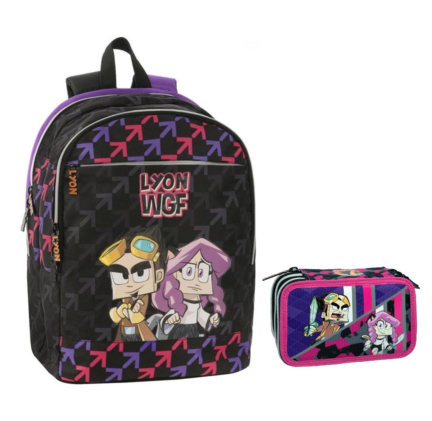 PRESTIGE & DELUXE Zaino Scuola tondo Lyon WGF per bambine ragazze scuola primaria - 2 Scomparti zip + astuccio 3 piani completo + Omaggio 7 Penne Scatto cancellabili e Portachiave paillettes