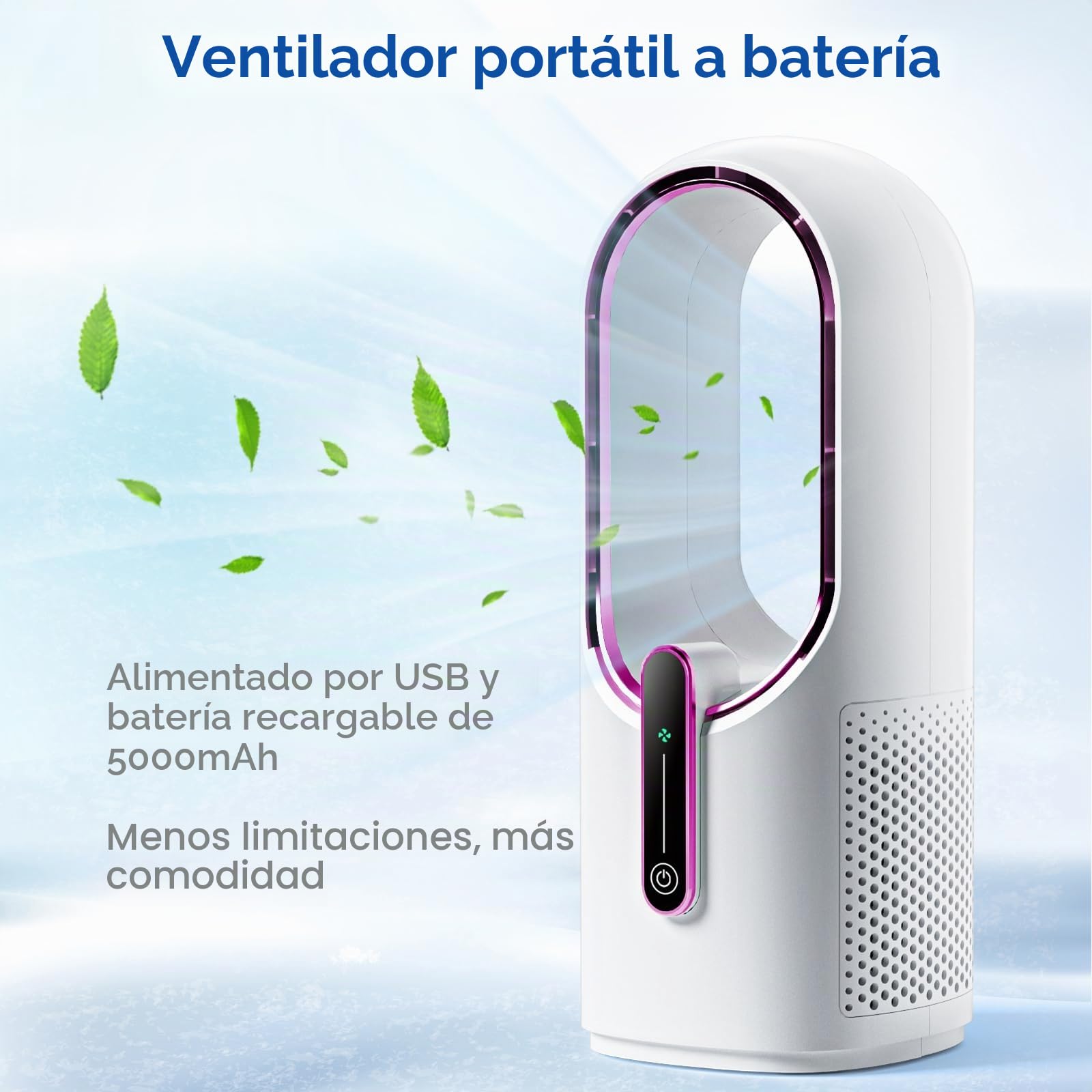 KONSIDEN Ventilador de escritorio sin aspas, pequeño ventilador recargable de 11.8 pulgadas, ventilador de oficina silencioso, 3 velocidades, control táctil, fácil de limpiar, ventilador de escritorio