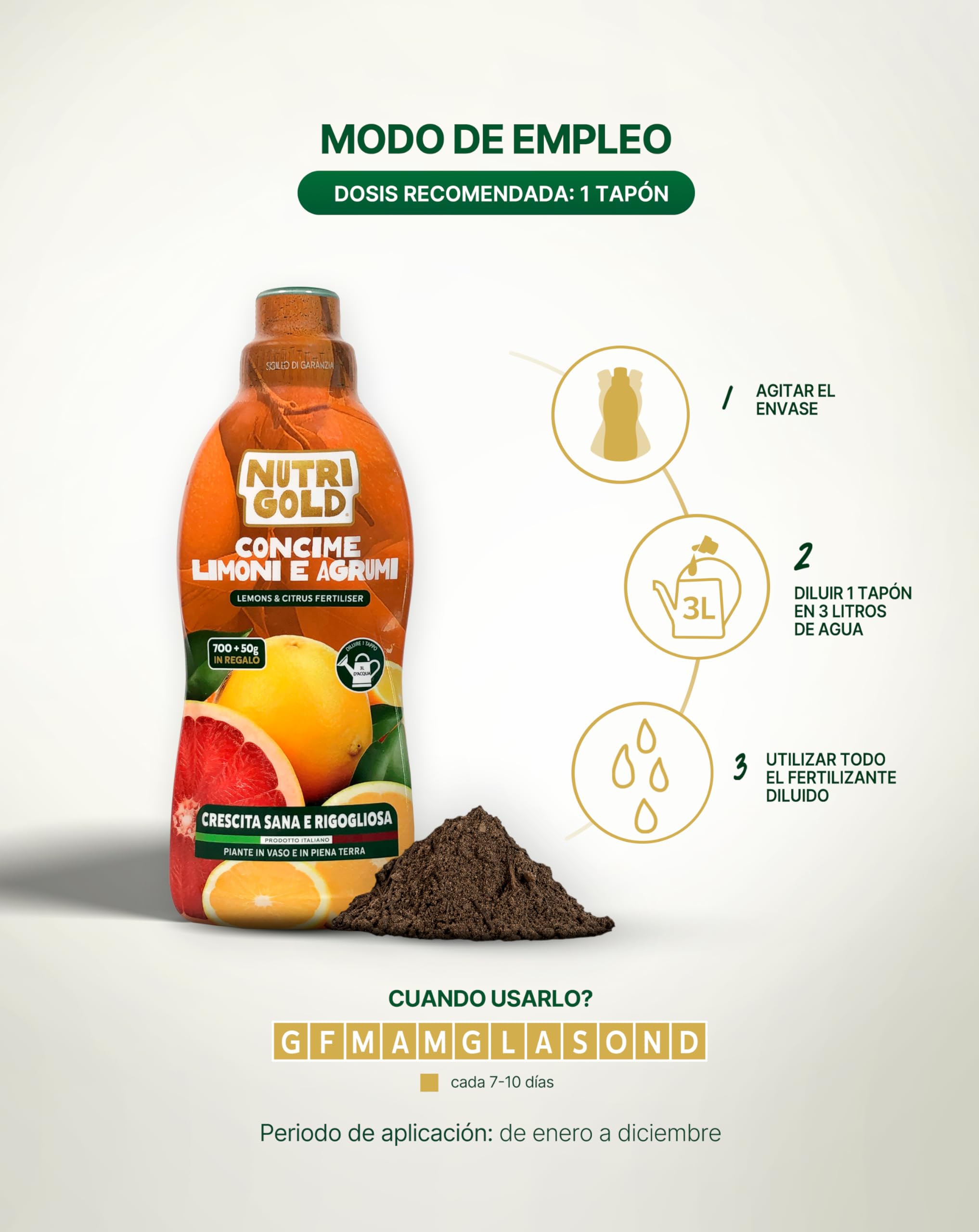 NutriGold® fertilizante Cítricos | Abono para Limones, Naranjas, Mandarinas y Pomelos - Rico en NPK - Para Cítricos en Tierra o Maceta - 700g + 50g Gratis