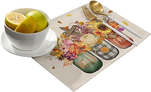 Miniatura 2 de Juego de 6 manteles individuales de otoño, florero floral, hojas de calabaza, Hello Fall y Acción de Gracias, manteles individuales de temporada de