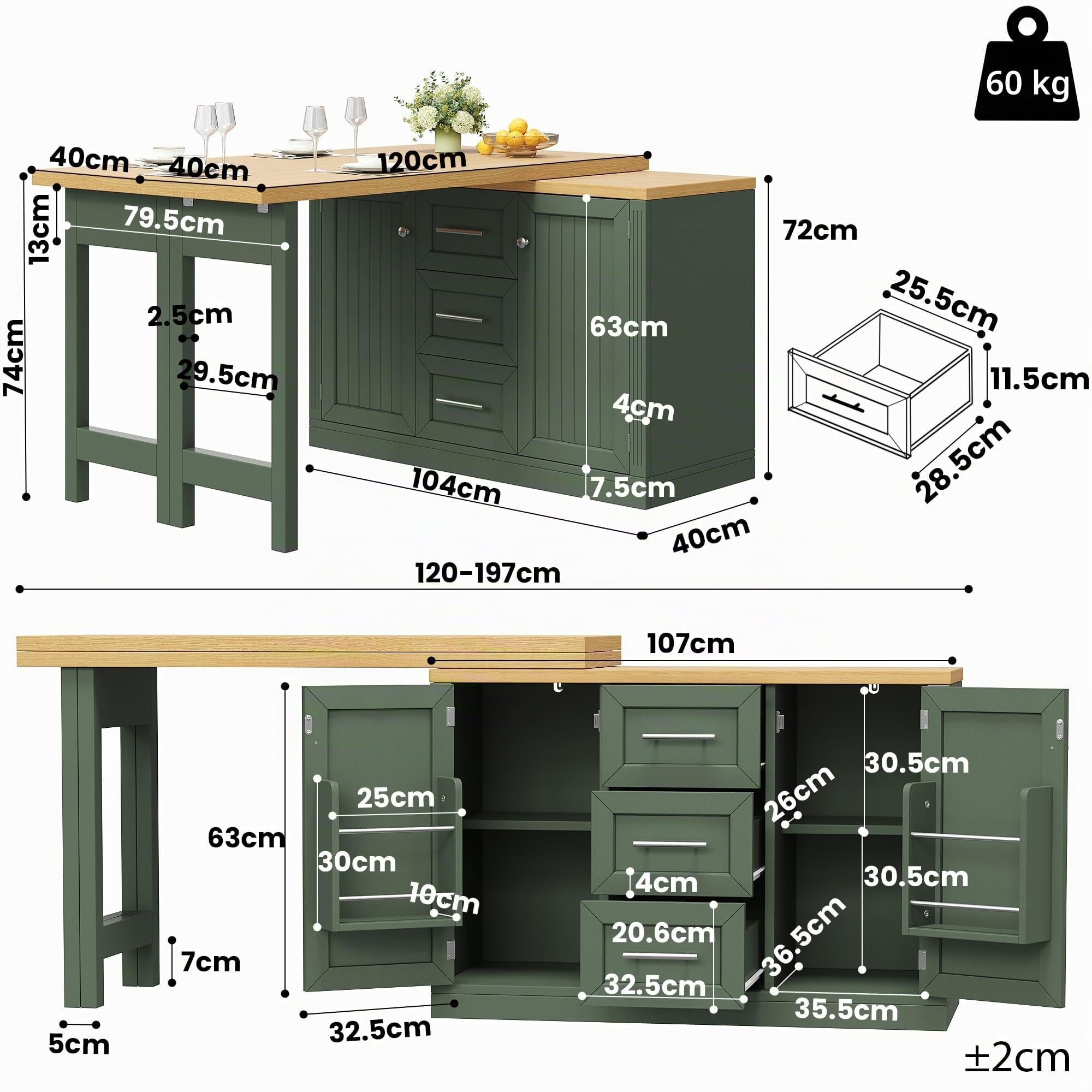 Isla de cocina multifuncional con mesa de comedor extensible, encimera convertible, placas ajustables 360°, estante para aperitivos, cierre magnético, cajón grande, diseño moderno, verde