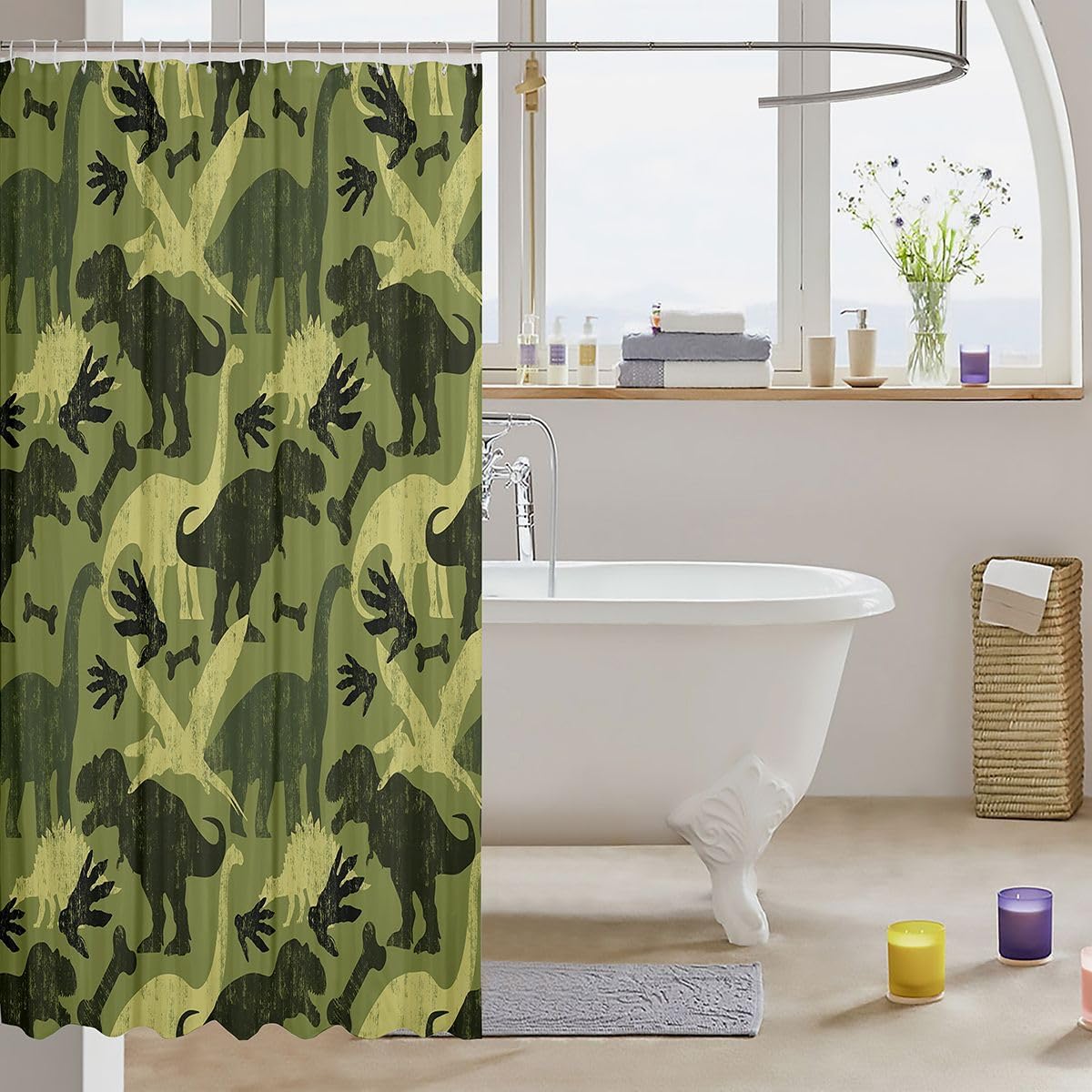 jejeloiu Camouflage Dino Shower Curtains Dinosaur Bathroom Curtain for Kids Women Men Cute Funny Green Camo Bathroom Accessories Waterproof Polyester Fabric for Stalls Bathtubs 72"x72" image 3