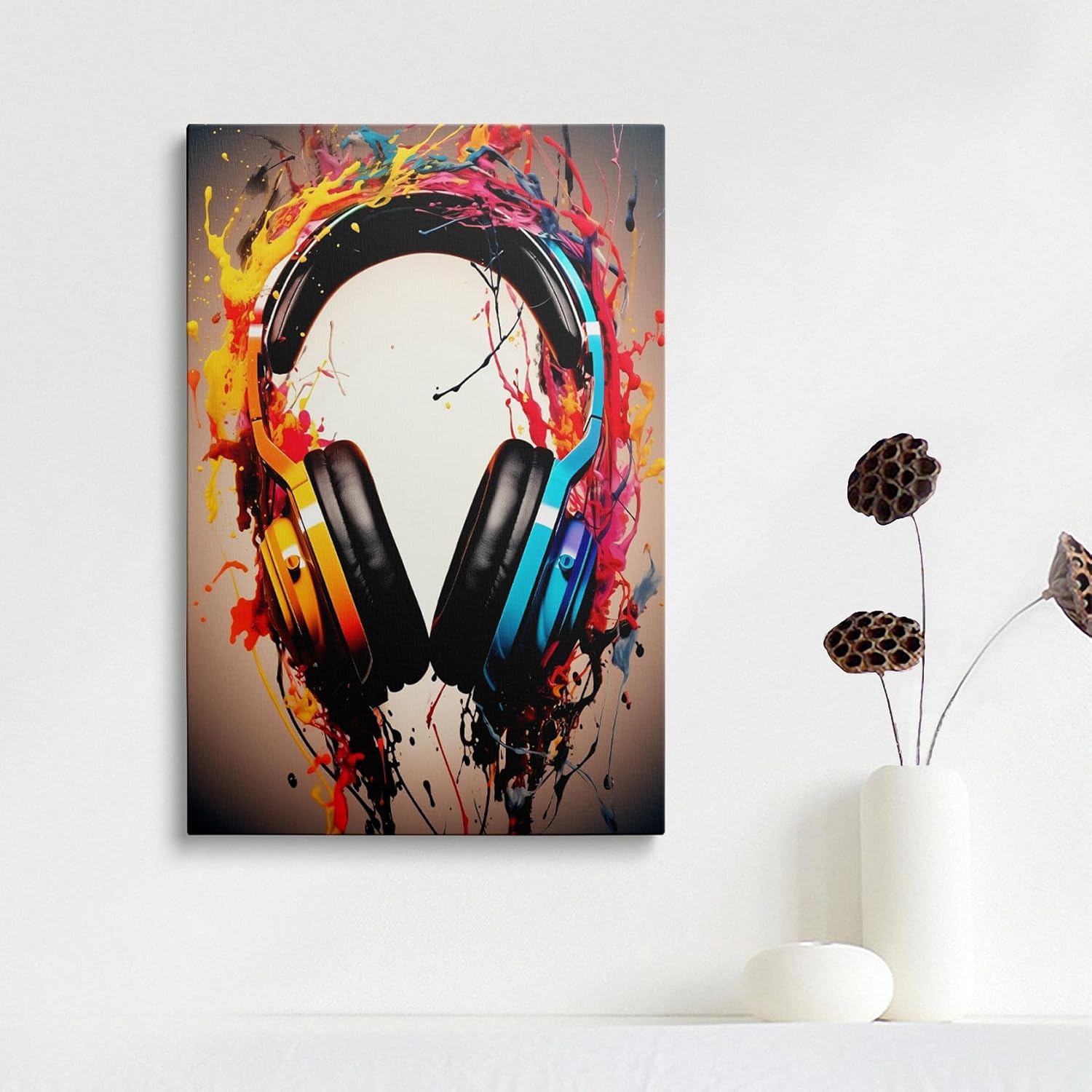 Framed Banksy Graffiti Colorful DJ Headphone Earphone Music Canvas Wall Art Funny Cool Gaming Headset Decor Poster For Living Room Bedroom Home Office Artwork Gift Ready To Hang (12x16 Inches)