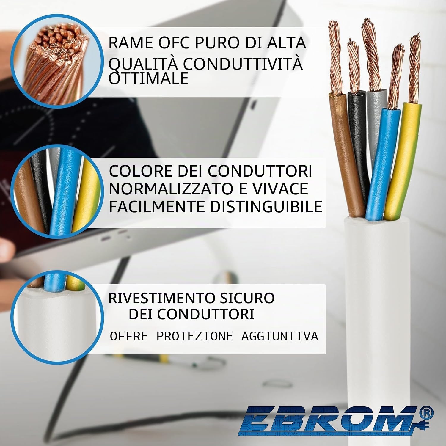Cavo di collegamento per fornello H05VV-F 5G2,5 mm2 - 5 x 2,5 mm2 - bianco, 5 m 10 m o 15 m