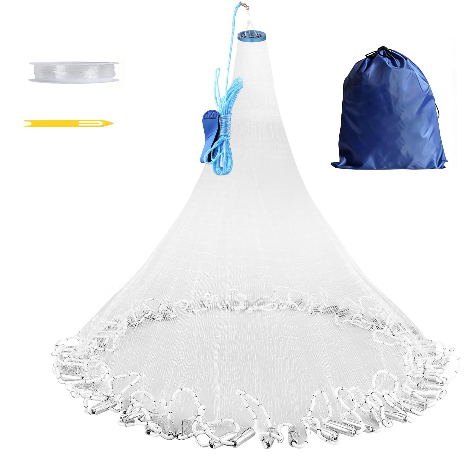 Cast Net with Utility Storage Bag ，American Saltwater Fishing Cast Net for Bait Trap Fish 4/5/6/7/8/9ft Radius Casting Nets with Heavy Duty Real Zinc Sinker Weights, 3/8inch Mesh Size (4ft Radius)