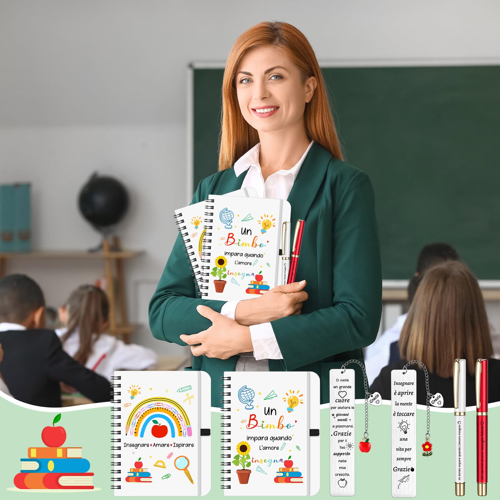 Set 6 Regali Ringraziamento Per Insegnanti - Portachiavi A Cuore, Segnalibri Metallici, Biglietti E Sacchetti In Organza, Idee Apprezzamento Per Maestre E Maestri