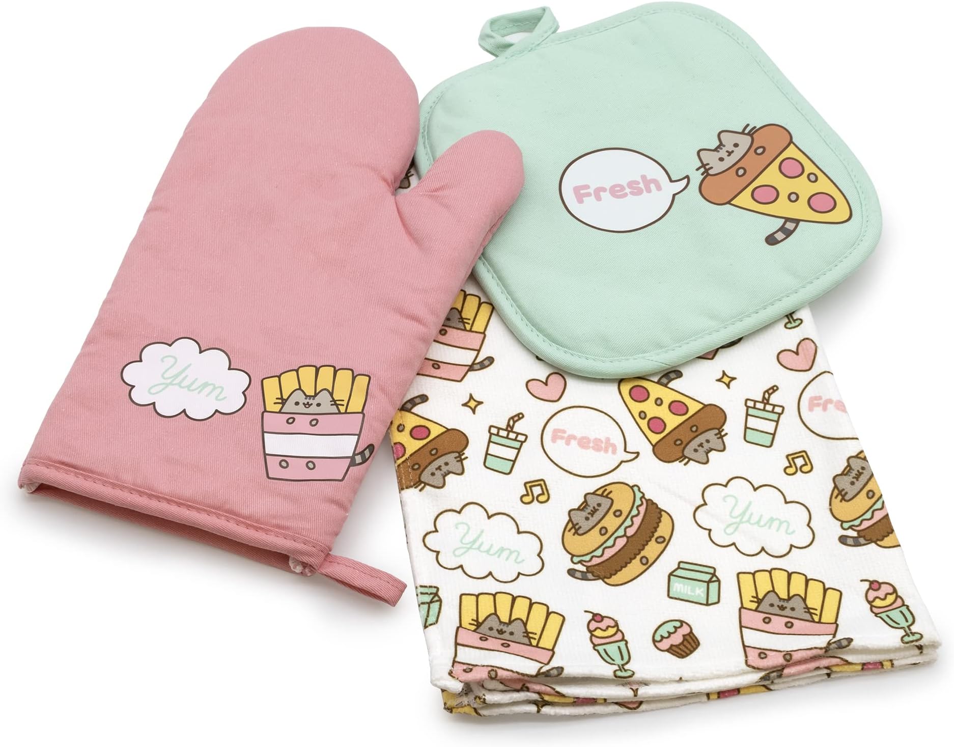 - Pusheen The Cat - 3 Piece Kitchen Set collection - Pot Holder, Oven Mitt, and Towel