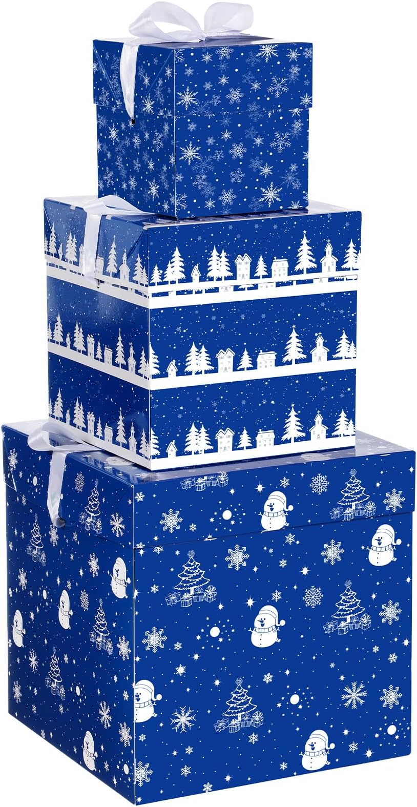 TecUnite 3 Pcs Christmas Stackable Nesting Gift Boxes Decorative Boxes with Lids for Present Wrapping Xmas New Year Holiday Party Xmas Tree Decor(Classic,Blue,White)