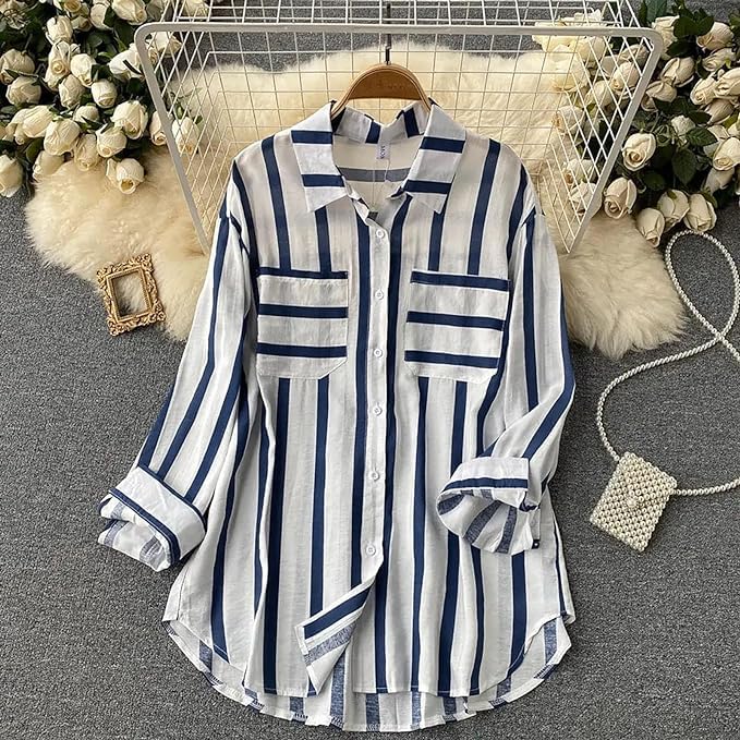 Image of ROYALICA Women's Orange & White Striped Cotton Blend Oversized Casual Shirt