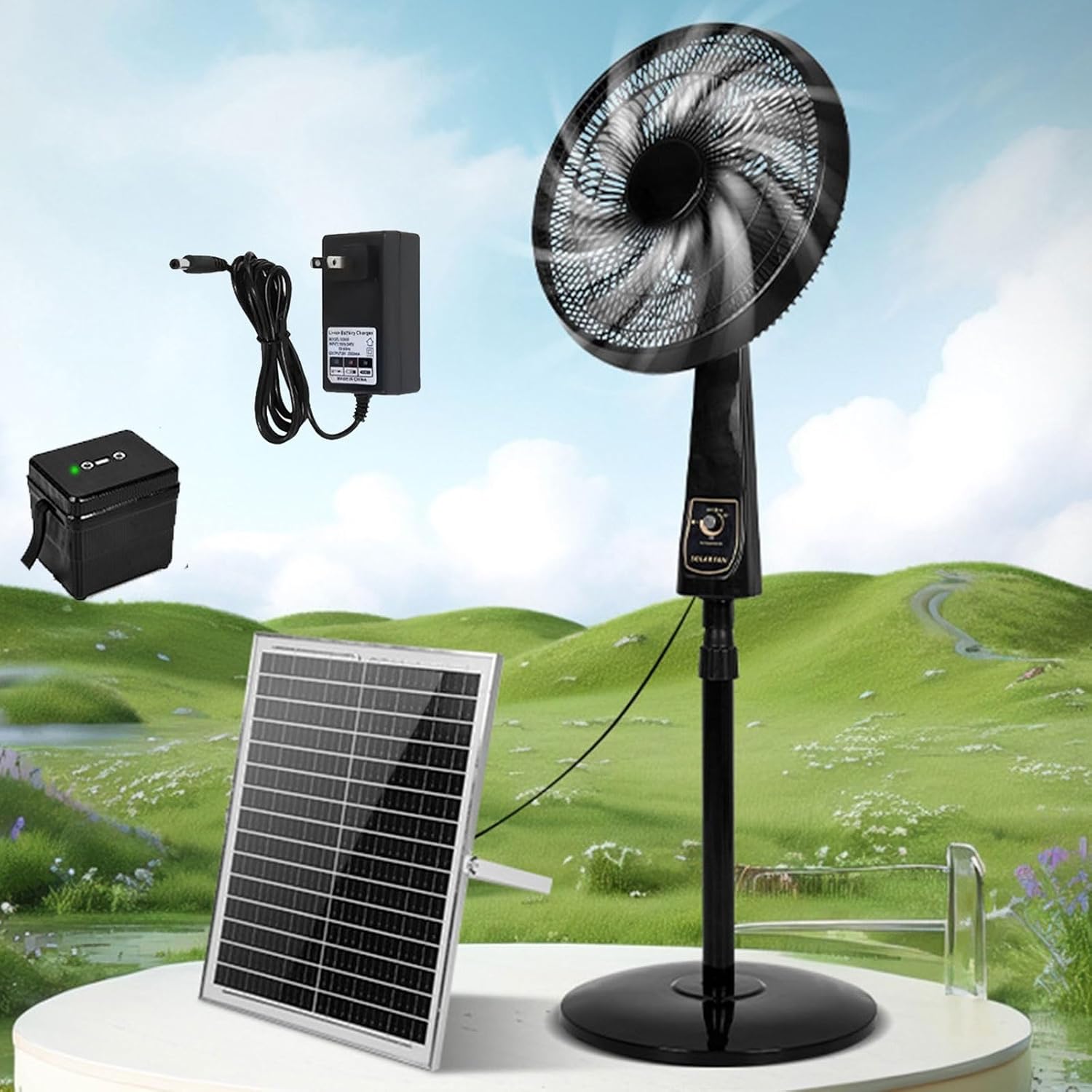 16 Inch Solar Floor Fan Rechargeable Oscillating Standing Pedestal Fan with Solar Panel, 24000mAh Battery Portable 3 Charging Methods 3 Speeds for Home, Camping, Warehouse(18IN/46cm)