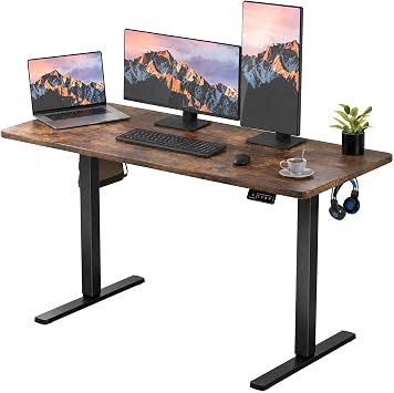 ERGOMAKER Standing Desk 140x60cm, Height Adjustable Desk with Memory Function, Splice Board, Hooks - Home Office Workstation Black Frame + Black Rustic Brown