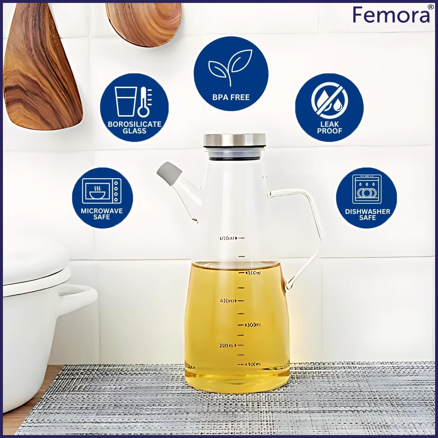 Femora Borosilicate Glass Oil Dispenser 650ml | BPA Free | Drip-Free Pour Spout | Capacity Markings | Light Protective | Non-Slip Silicone Base | 1 Year Warranty | For Oil, Vinegar, Soy Sauce 3