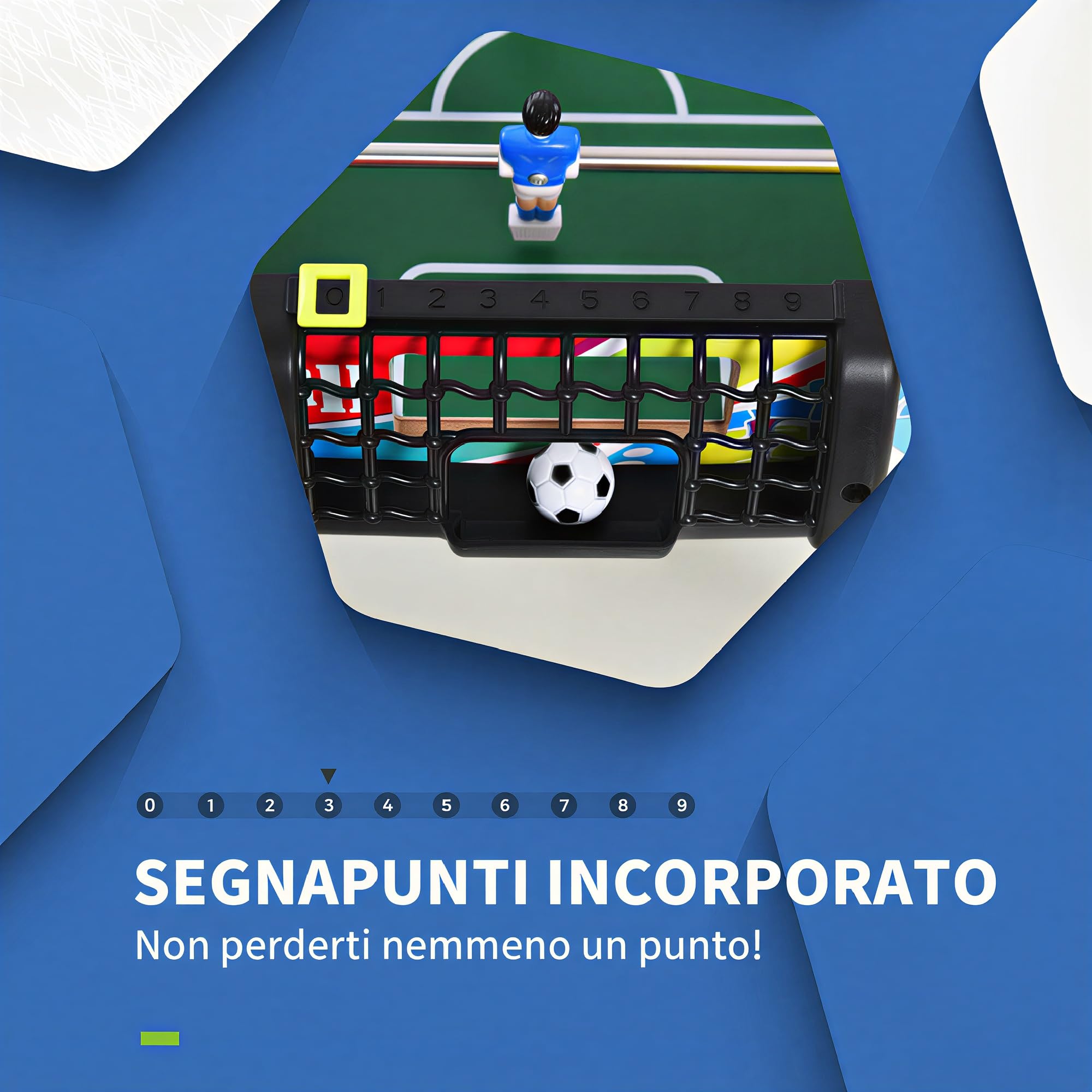 HOMCOM Calcio Balilla Classico con 2 Palline 86.5x43.5x63 cm Multicolore | 2 Tabelloni Segnapunti, Tavolo da Gioco, MDF, Acciaio Inox, Plastica